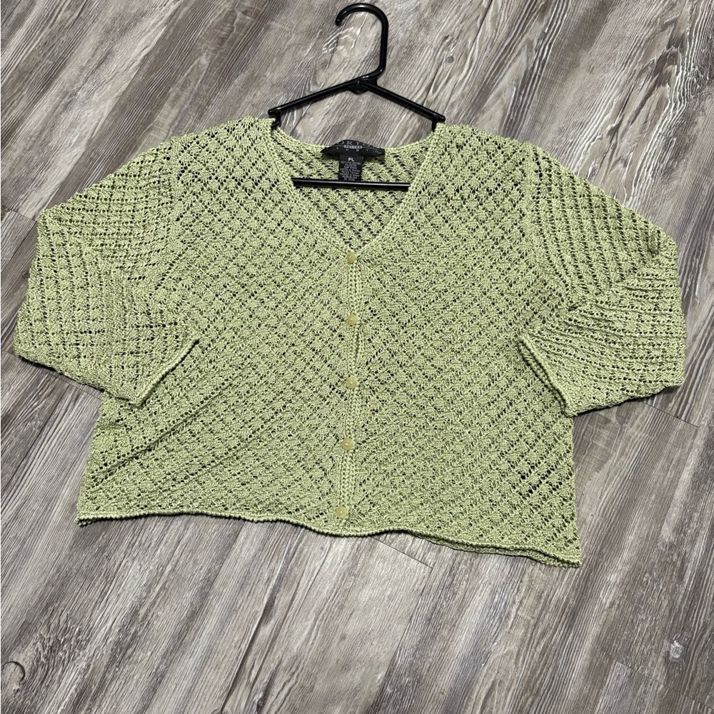 Norton Studio Petites PL Green Open Knit Crochet Cardigan Sweater 3/4 Sleeves